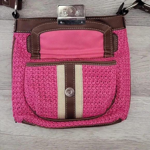 Chaps‎ Pink Brown Woven Faux Leather Multi Pocket Crossbody Bag - Picture 6 of 16